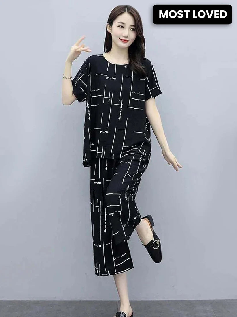 Black Capri Printed Night Suit