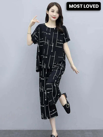 Black Capri Printed Summer Night Suit