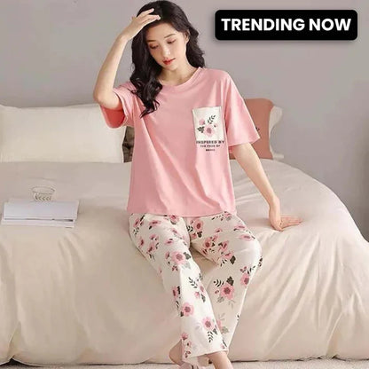 Pink Pocket Printed Summer Night Suit