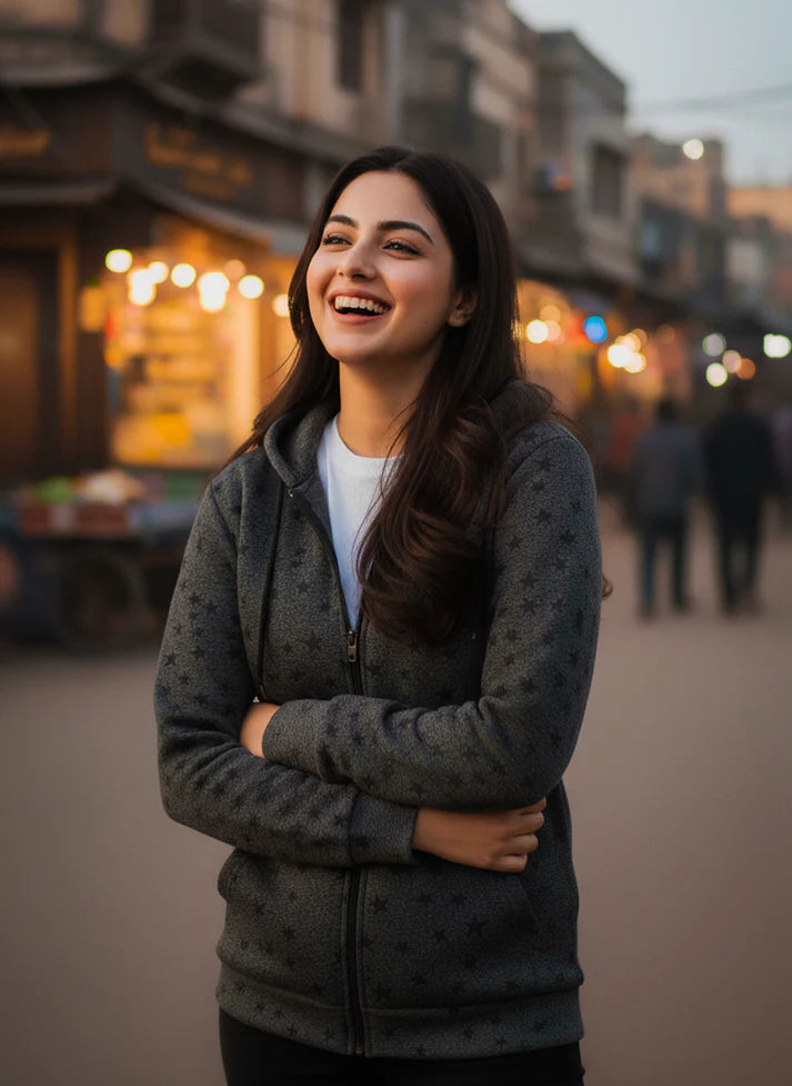 Winter Star Printed Zipper Hoodie For Women