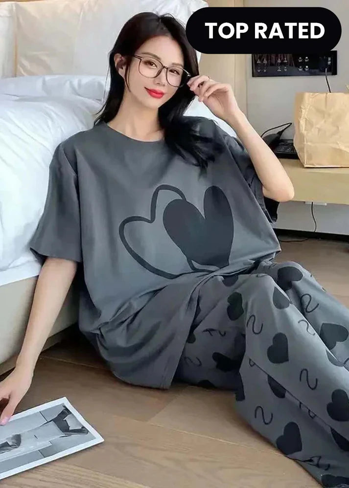 Grey Double Heart Half Sleeve Printed Night Suits