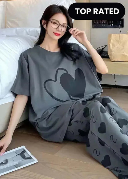 Grey Double Heart Half Sleeve Printed summer Night Suits