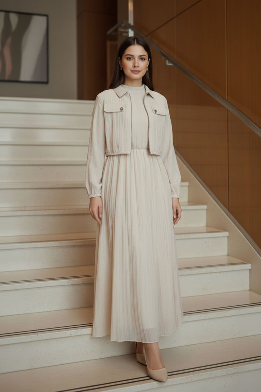 Elegant Off-White Pleated Co-ord Set: Zip-Up Cropped Jacket & Maxi Skirt