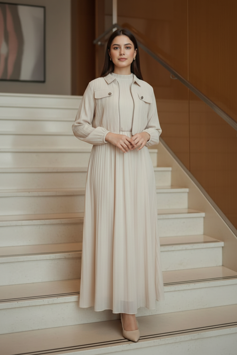 Elegant Off-White Pleated Co-ord Set: Zip-Up Cropped Jacket & Maxi Skirt
