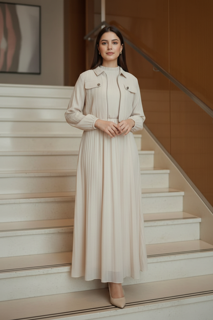 Elegant Off-White Pleated Co-ord Set: Zip-Up Cropped Jacket & Maxi Skirt