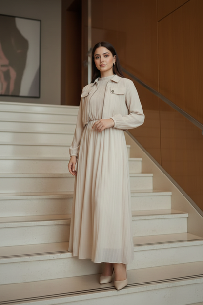 Elegant Off-White Pleated Co-ord Set: Zip-Up Cropped Jacket & Maxi Skirt