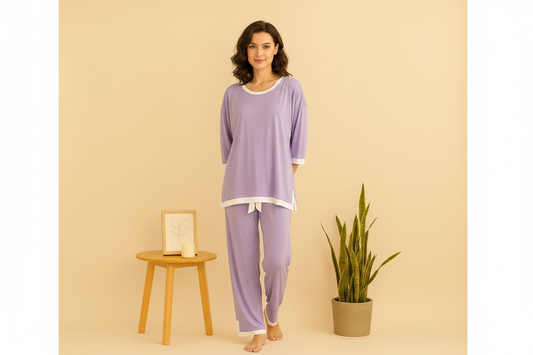 Purple White Round Neck Plazzo PJ Set