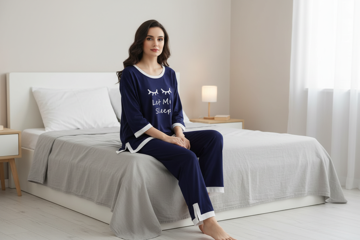 Navy Blue let me sleep White Round Neck Plazzo PJ Set