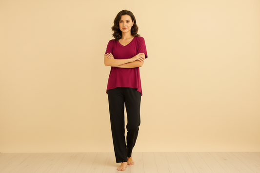 Plain Red V Neck T Shirt with Black Plazzo