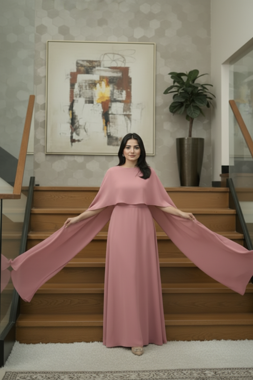 Pink Chiffon Cape Flora Maxi with Trouser