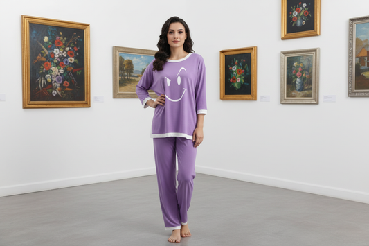 Purple Smiley Face White Round Neck Plazzo PJ Set