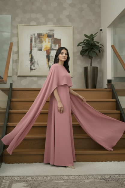 Pink Chiffon Cape Flora Maxi with Trouser