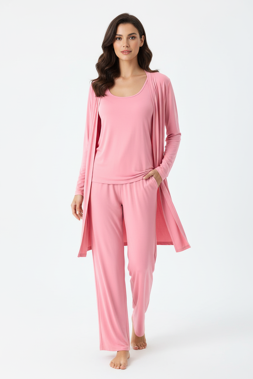 3 Piece Baby Pink Plain Nightwear