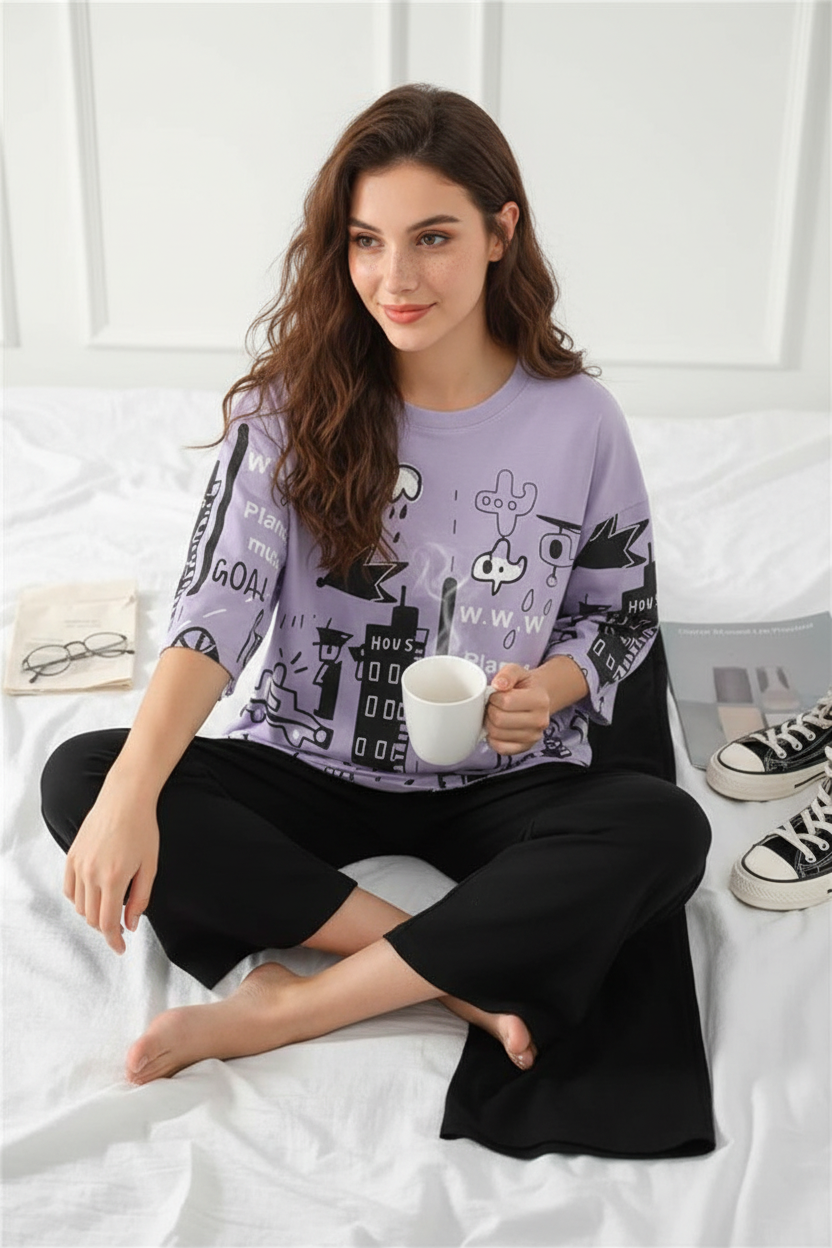 Purple Multi Planets Printed Shirt With Black Trouser