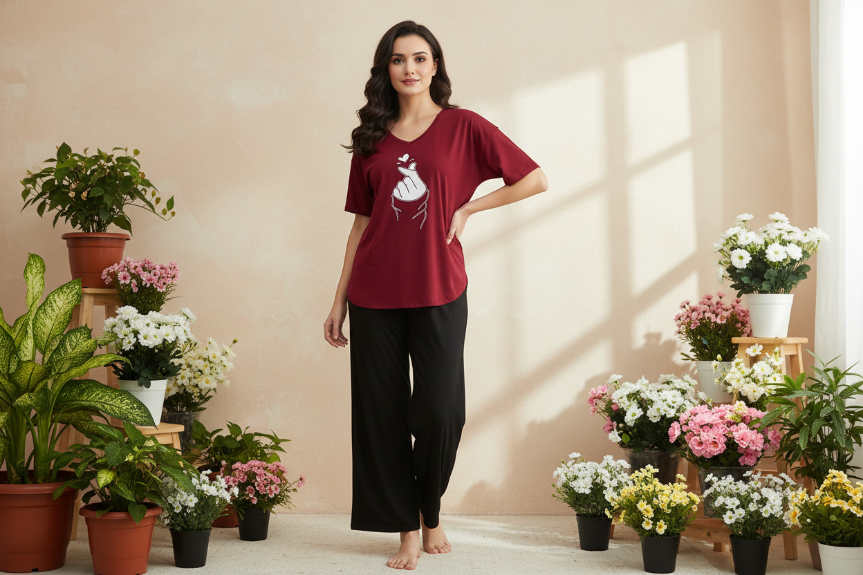 Plain Red K-Pop Heart V Neck T Shirt with Black Plazzo