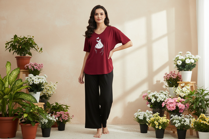 Plain Red K-Pop Heart V Neck T Shirt with Black Plazzo