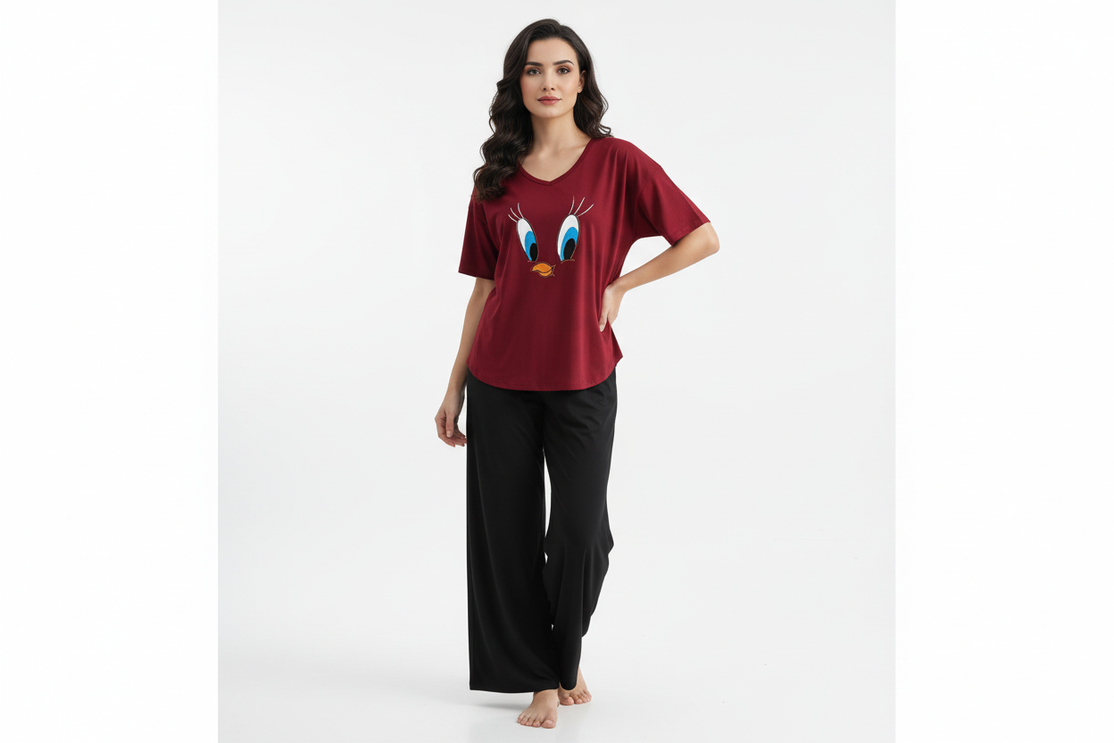 Plain Red Daffy Duck V Neck T Shirt with Black Plazzo