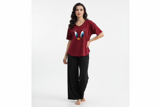 Plain Red Daffy Duck V Neck T Shirt with Black Plazzo