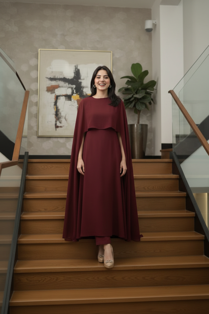 Maroon Chiffon Cape Flora Maxi with Trouser