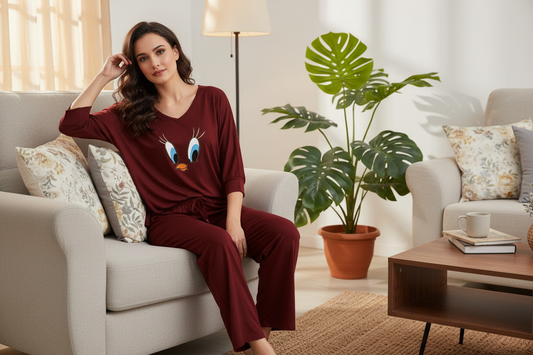 Maroon Daffy Duck V-Neck Women Night Suit PJ Set