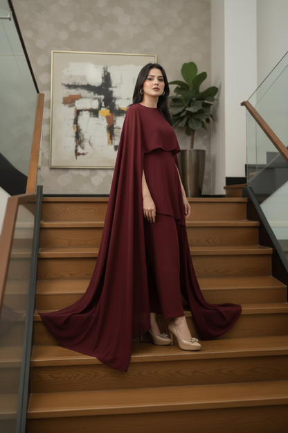 Maroon Chiffon Cape Flora Maxi with Trouser