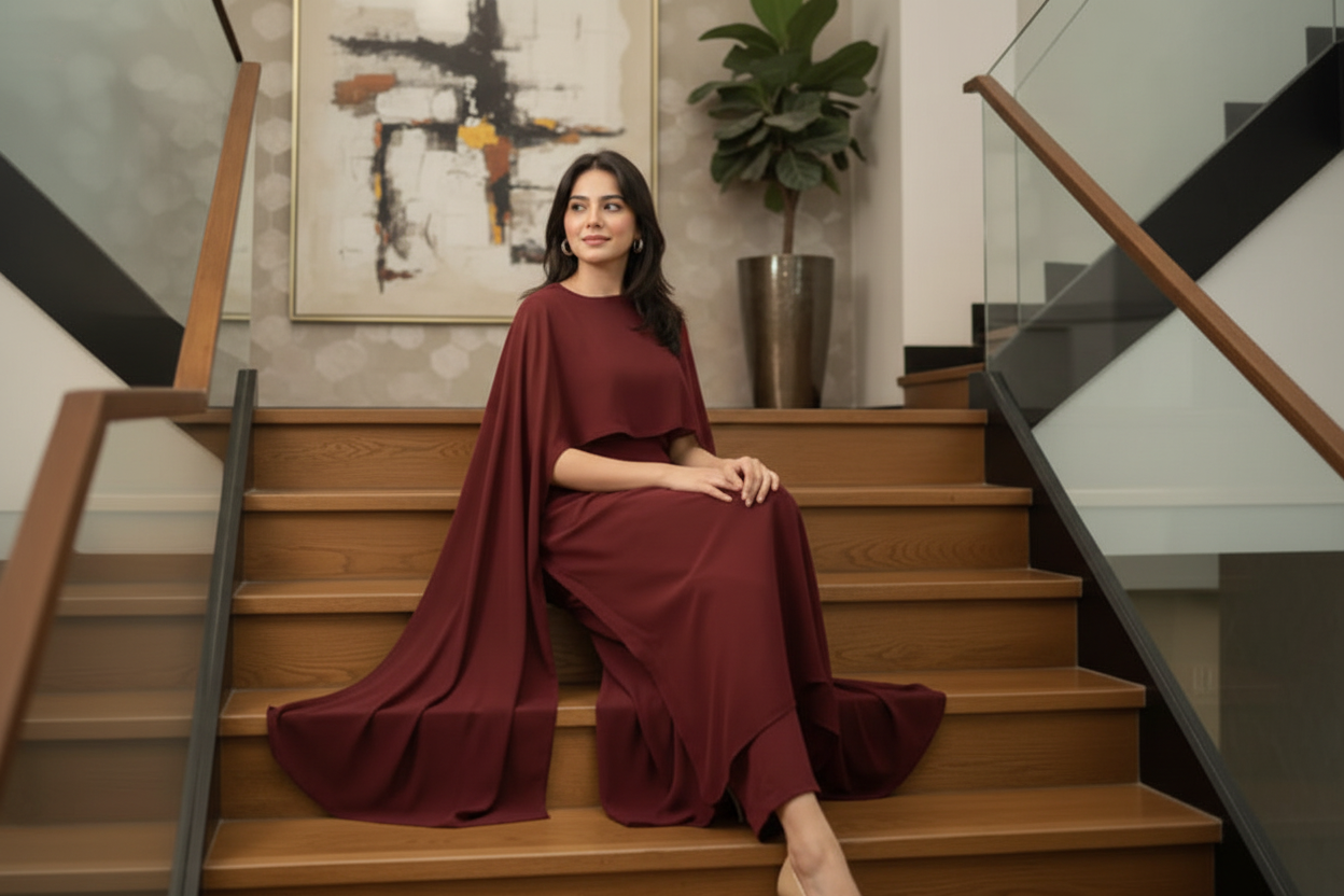 Maroon Chiffon Cape Flora Maxi with Trouser