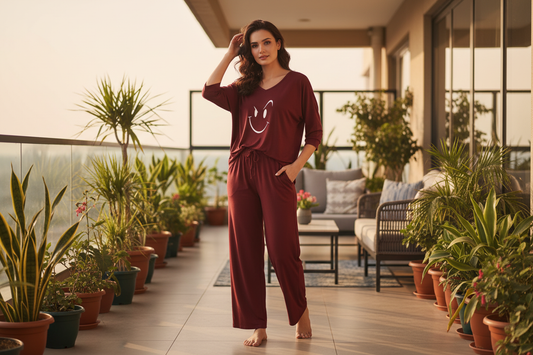 Maroon Smiley Face V-Neck Women Night Suit PJ Set