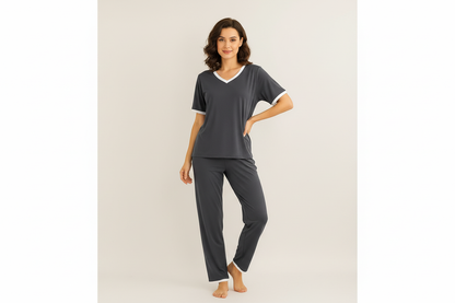 Plain Grey Tshirt With White Round Neck And PLazo Pajama (Half Seeleve)