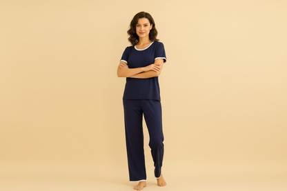 Plain Blue Tshirt With White Round Neck And PLazo Pajama (Half Seeleve)
