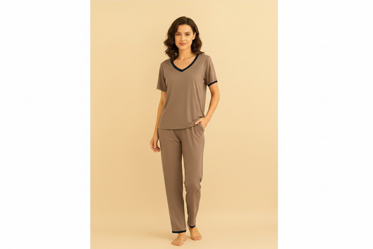 Plain Coffee Colour Tshirt With Black Round Neck And PLazo Pajama (Half Seeleve)