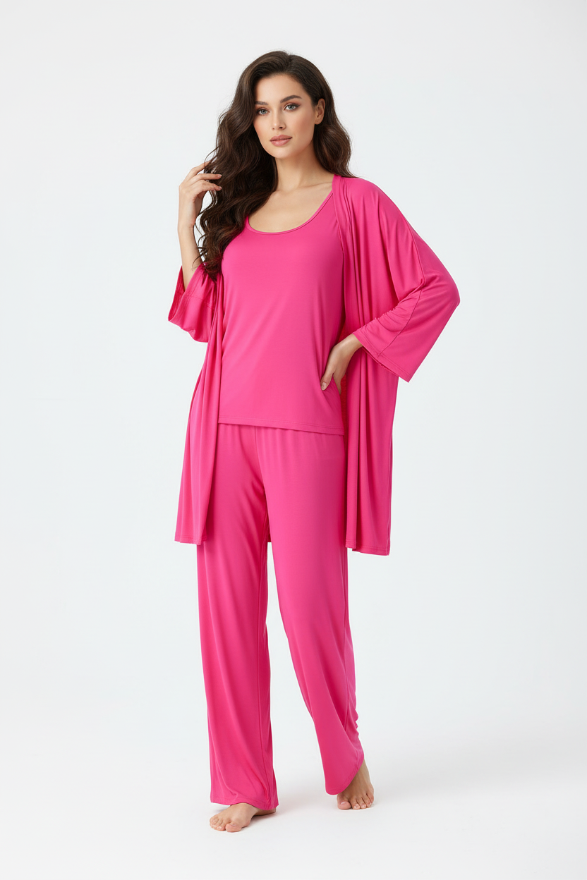 3 Piece Hot Pink Plain Nightwear