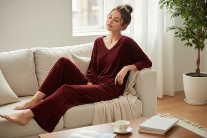 Maroon V-Neck Women Night Suit PJ Set