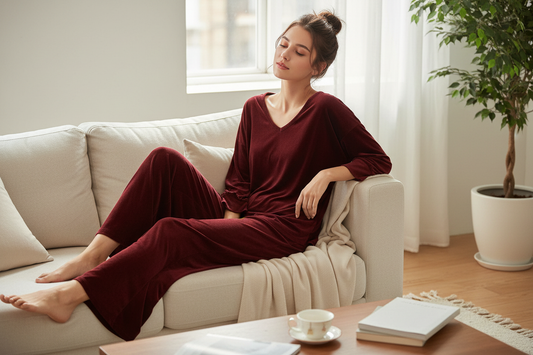 Maroon V-Neck Women Night Suit PJ Set