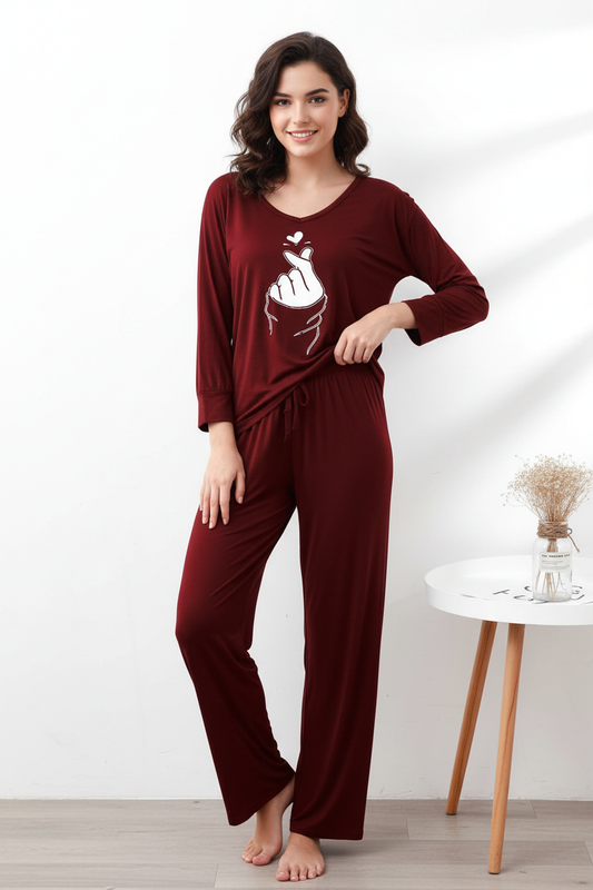 Maroon K-Pop Heart V-Neck Women Night Suit PJ Set