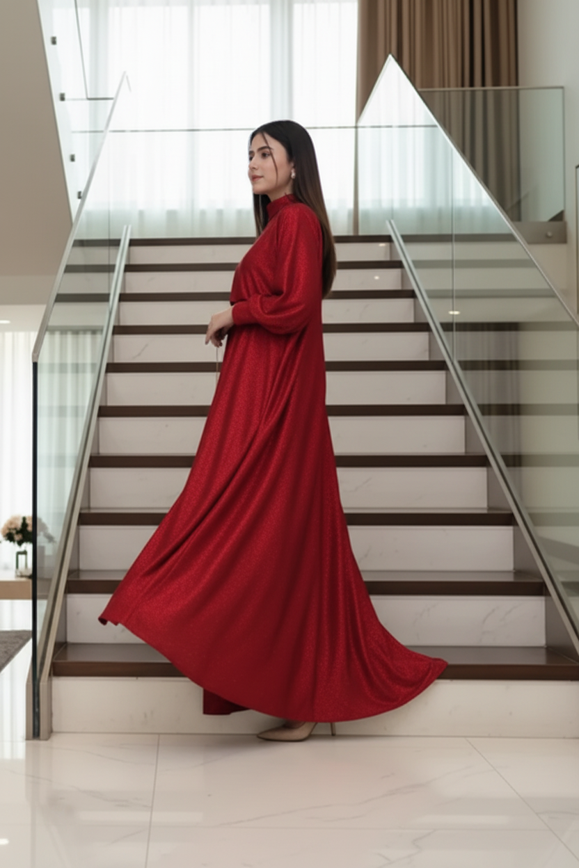 Red Glitter 'Moonlight Shimmer' cape and maxi two-piece set