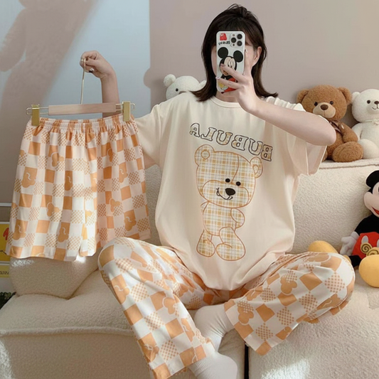 Noise Cotton 3 Piece Printed Night Suit Creamy Teddy