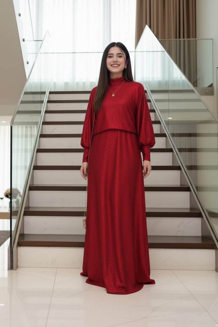 Red Glitter 'Moonlight Shimmer' cape and maxi two-piece set