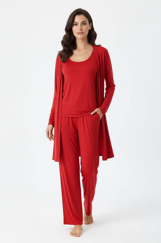 3 Piece Red Plain Nightwear