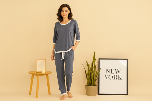 Grey White Round Neck Plazzo PJ Set