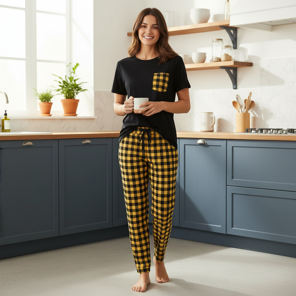 Yellow and Black Check Pocket Printed Night Suit