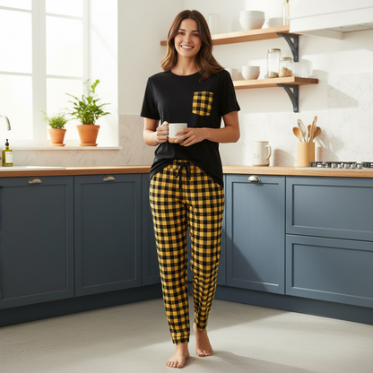 Yellow and Black Check Pocket Printed Night Suit