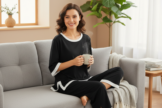 Black White Round Neck Plazzo PJ Set