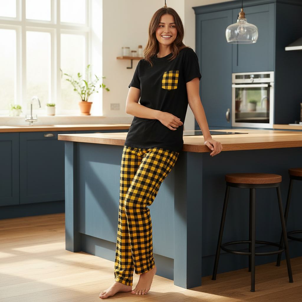 Yellow and Black Check Pocket Printed Night Suit