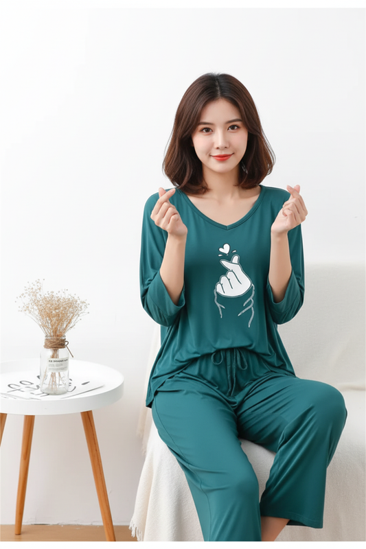 Persian Blue K Pop Heart V-Neck Women Night Suit PJ Set