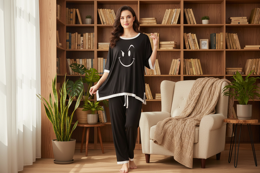 Black Smiley Face White Round Neck Plazzo PJ Set