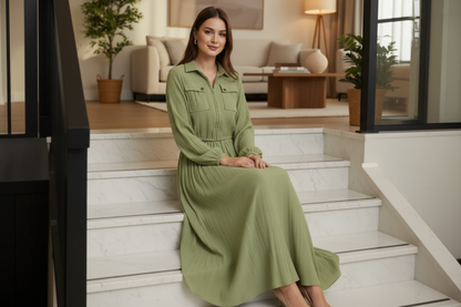 Elegant Forest Green Pleated Co-ord Set: Zip-Up Cropped Jacket & Maxi Skirt