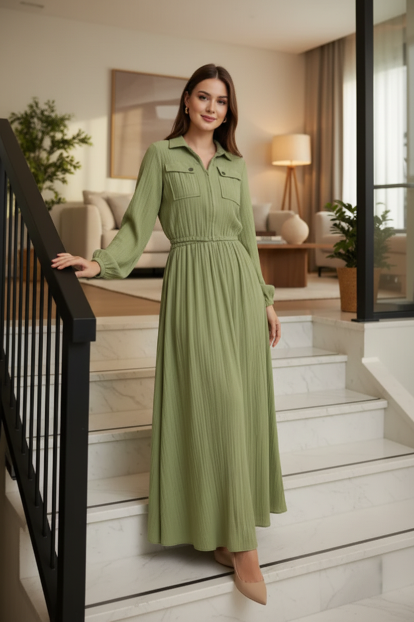 Elegant Forest Green Pleated Co-ord Set: Zip-Up Cropped Jacket & Maxi Skirt