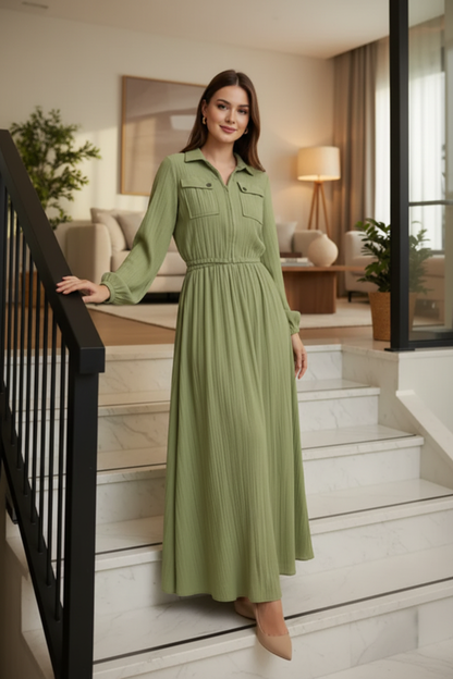 Elegant Forest Green Pleated Co-ord Set: Zip-Up Cropped Jacket & Maxi Skirt