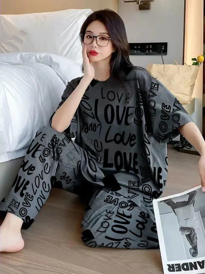 Grey Love Printed Summer Night Suit