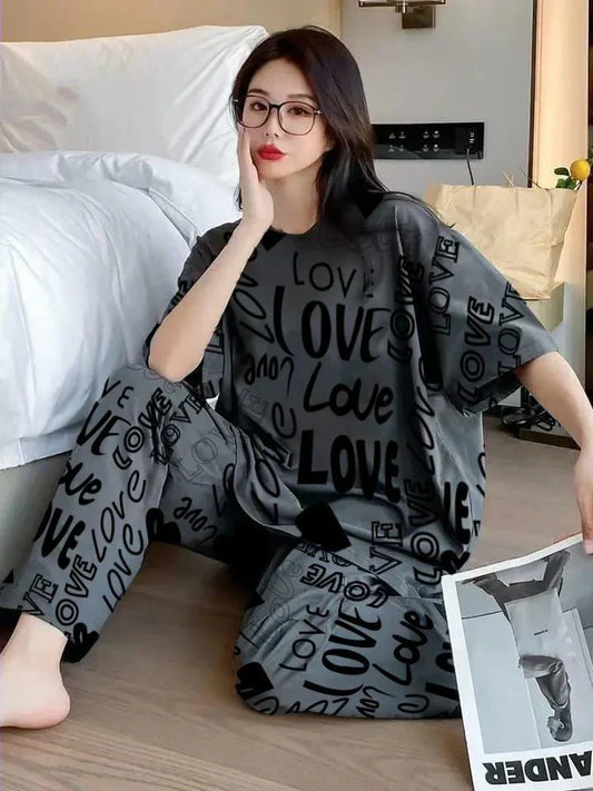 Grey Love Printed Summer Night Suit